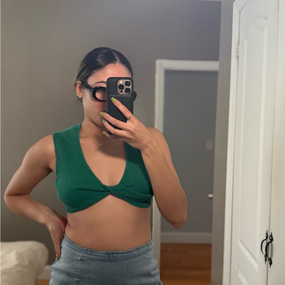 Green Ribbed Crop Top